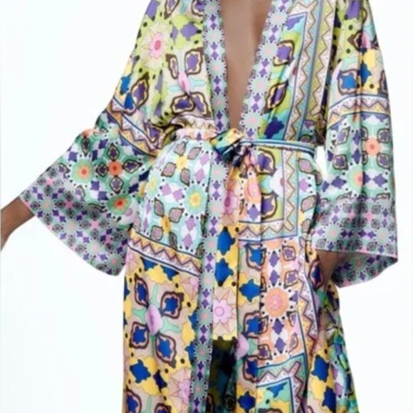 Zara Co-Ord Set multicoloured printed kimono with belt and matching trousers XL - Picture 14 of 15